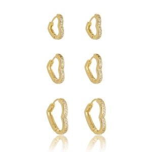 Brinco Trio argolinha com coração zircônia Cristal meio