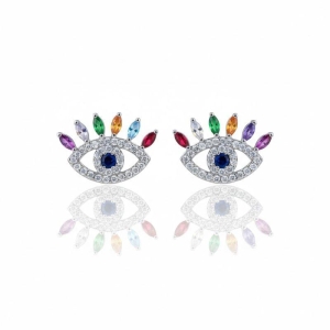 Brinco Olho Grego Cravejado Colorido com Aplique de Ródio