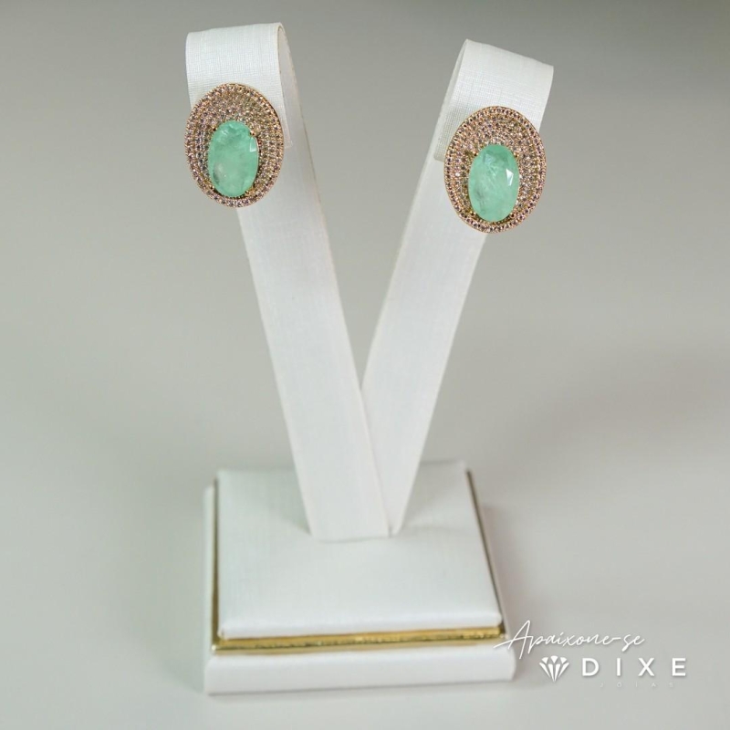 Brinco oval pedra fusion verde agua com microzircônia