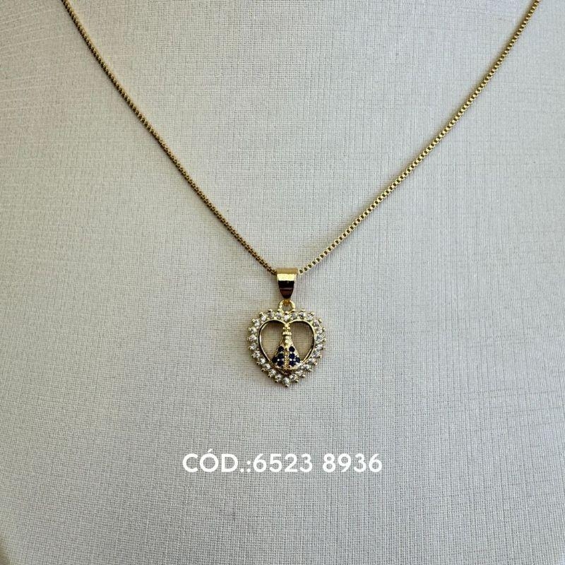 Colar  nossa senhora zircônia azul no coração