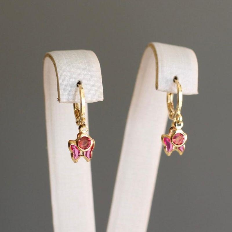 Brinco argolinha articulada borboleta rosa + zirconia
