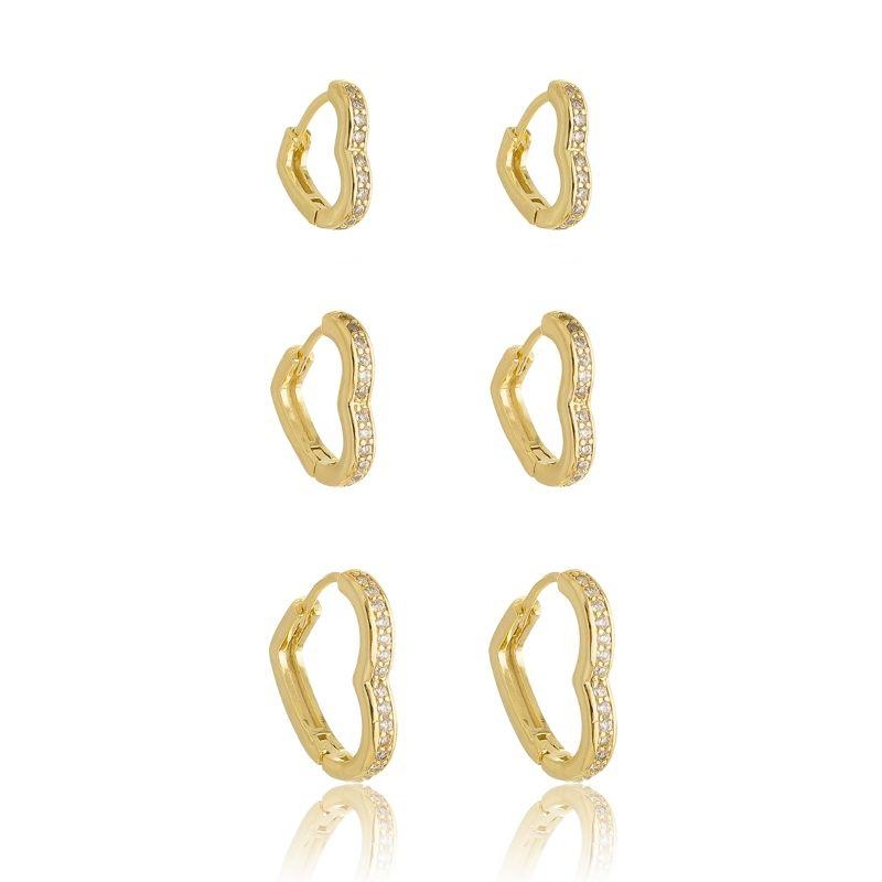 Brinco Trio argolinha com coração zircônia Cristal meio