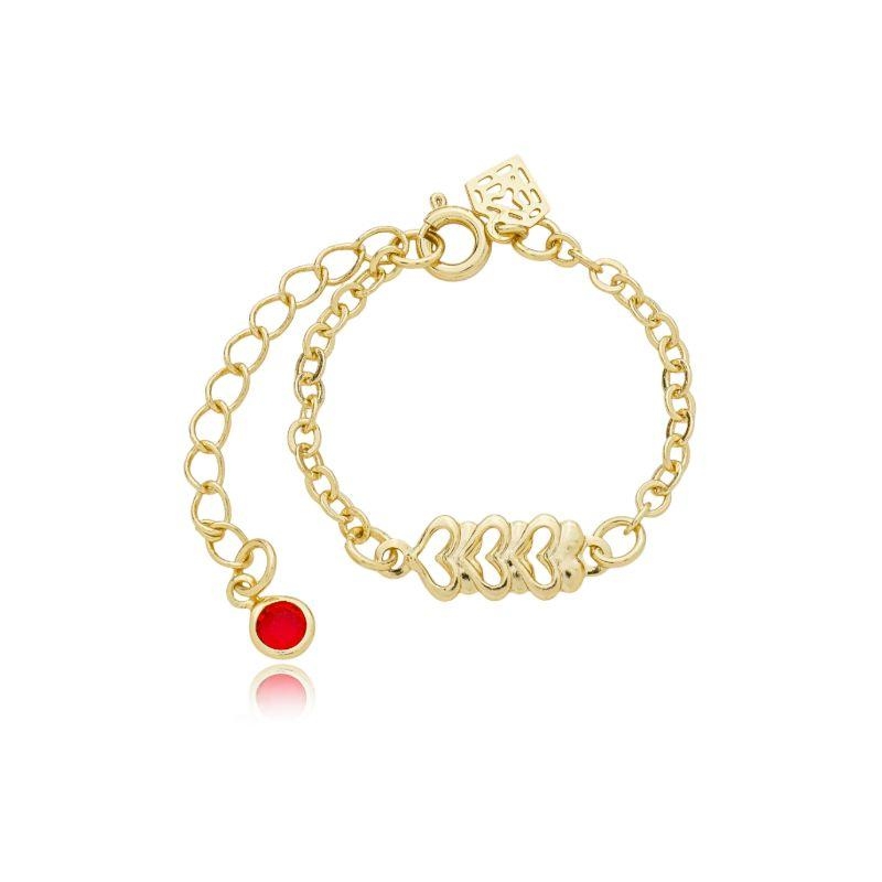 Pulseira 3 corações com pingente vermelho na ponta
