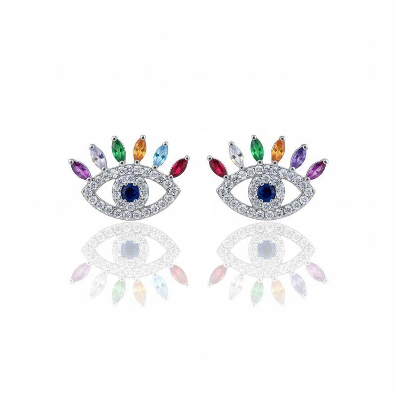 Brinco Olho Grego Cravejado Colorido com Aplique de Ródio