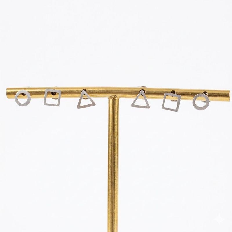 Trio Brinco Estampado Quadrado Triângulo Redondo