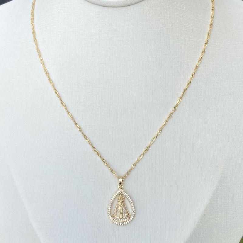 Colar  nossa senhora zircônia cristal  20 mm oval