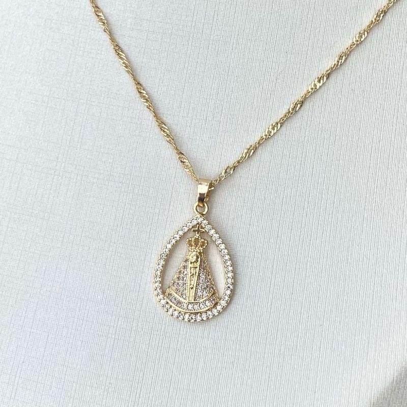 Colar  nossa senhora zircônia cristal  20 mm oval