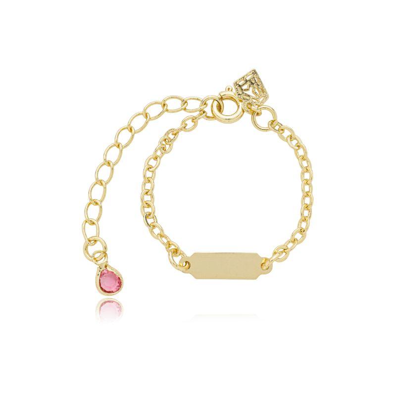 Pulseira plaquinha com pingente rosa na ponta