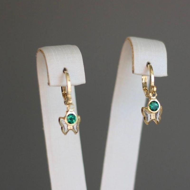 Brinco argolinha articulada borboleta cristal + zirconia verde