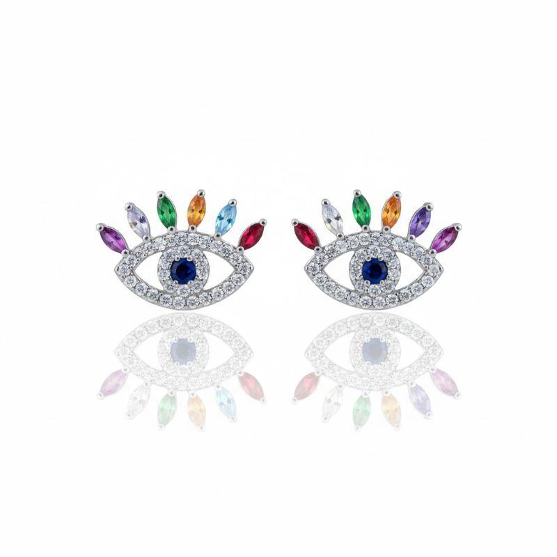 Brinco Olho Grego Cravejado Colorido com Aplique de Ródio