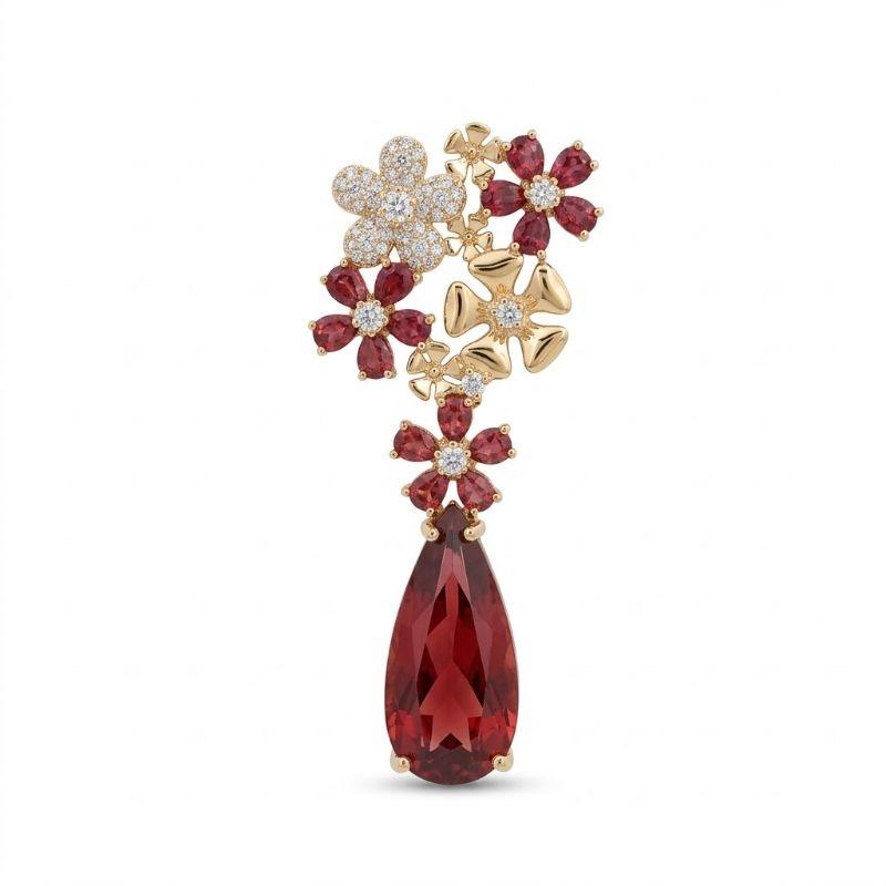 Brinco Luxo Base Flores Rubi com Zircônia Gota